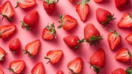 Vibrant Strawberry Slices Forming a Delightful Pattern on a Bright,Saturated Pink Background