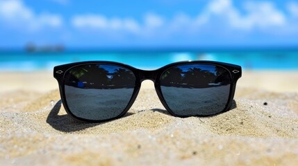   A pair of sunglasses atop a sandy beach, beside a body of water and a blue sky background
