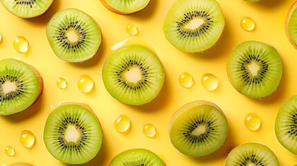Fototapeta premium Vibrant Kiwi Slices in Geometric Pattern on Bright Background for Magazine Cover