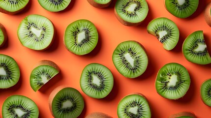 Fototapeta premium Vibrant Kiwi Slices and Whole Fruit Forming a Captivating Pattern on a Bright Background,Ideal for Magazine Cover or Editorial Use