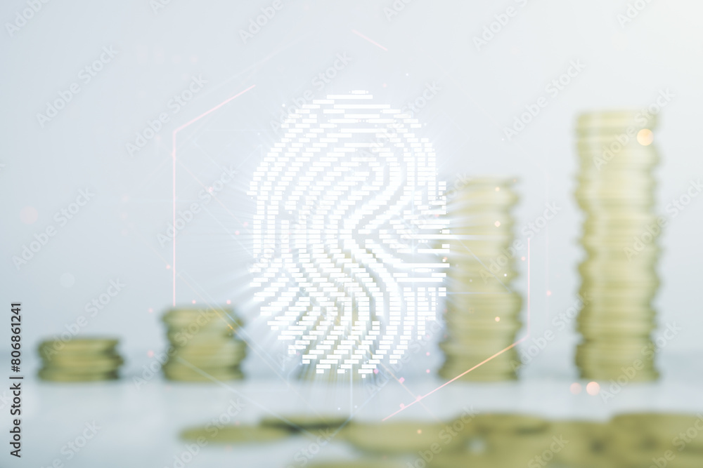 Poster double exposure of virtual creative fingerprint hologram on growing stacks of coins background, rese