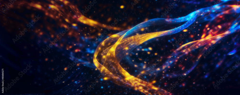 Poster the image features a wavy abstract background with colorful lines and golden lights - generative ai
