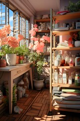 Blurry background of a cozy balcony with flowers in pots and vases