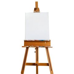 An upright, traditional wooden easel with a blank white canvas stands alone against a white background. 