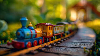 A quaint little wind-up toy train with smiling carriages, chugging happily along its track.