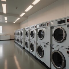 public laundry with rows of washing machines. background for banner, poster, social media. generative ai