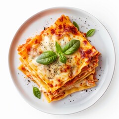 portion of lasagne topped with cheese, basil, ground beef, mushrooms, zucchini and tomato sauce on a white plate on a white table, horizontal top view, flat lay, on a white background, close-up