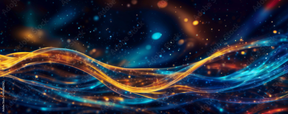 Poster the image features a wavy abstract background with colorful lines and golden lights - generative ai