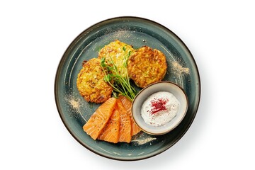Potato pancakes with salmon and sour cream top view, on a white background, isolation.