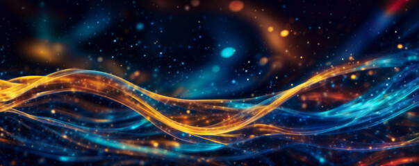 Fototapeta premium The image features a wavy abstract background with colorful lines and golden lights - Generative AI