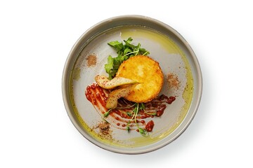 Fried cheese with pear in caramel, top view, on a white background, isolation.