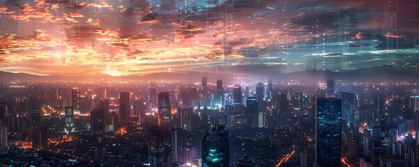 A panoramic shot of a city skyline with visible digital grids and network connections superimposed on the buildings, portraying the seamless integration of technology and city life