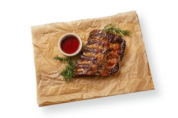 Pork ribs BBK top view, on a white background, isolation.