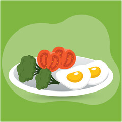 White eggs, red cut tomato and green broccoli vector with green Background