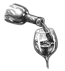 Pouring wine from a bottle into a glass. Sketch clipart drawing for restaurant menu or wine tasting