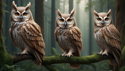 Owls With Intricate Feather Patterns In A Forest S