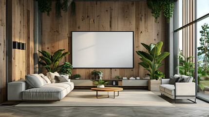 Modern Living Room Interior with Blank TV Screen for Mockup or Advertisement, Comfortable Home Decor Concept, Generative Ai

