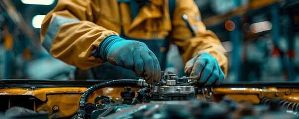 A mechanic in coveralls and gloves fitting a new part into the engine of a car, with the focus on his hands and the part, conveying skill and precision in auto repair