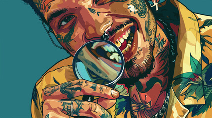 Young tattooed man magnifying teeth on blue background