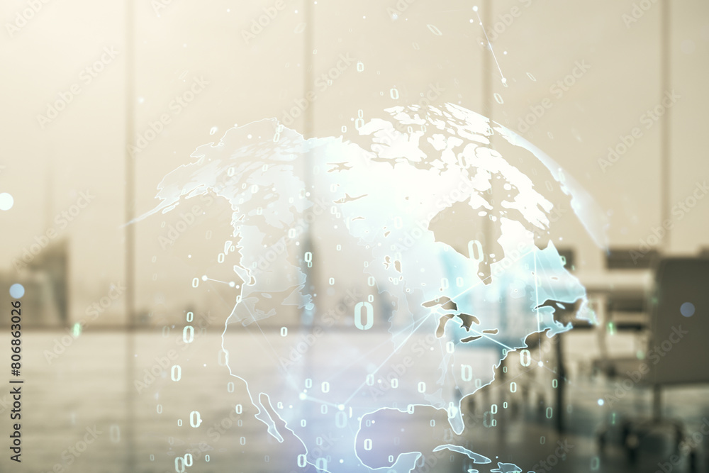 Poster multi exposure of abstract creative coding sketch and world map on a modern conference room backgrou