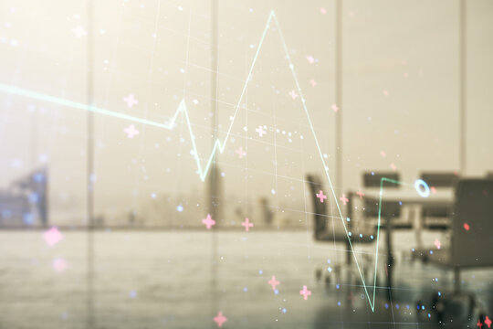 Abstract virtual heart rate sketch on a modern boardroom background, Medicine and healthcare concept. Multiexposure