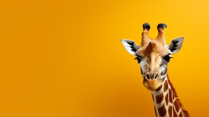 A giraffe gracefully stands in front of a vivid yellow background