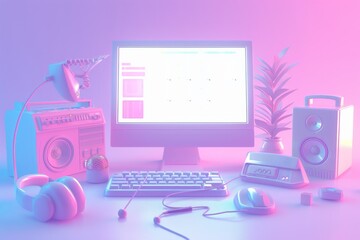 Pastel Retro Tech Office Setup