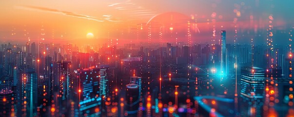 A futuristic cityscape illuminated by digital networks, showcasing interconnected data streams that symbolize a smart citys advanced communication infrastructure