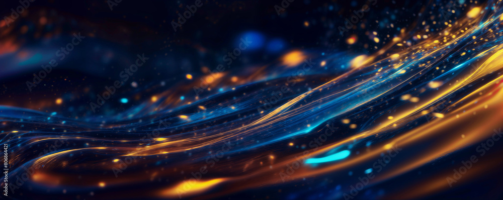 Poster the image features a wavy abstract background with colorful lines and golden lights - generative ai