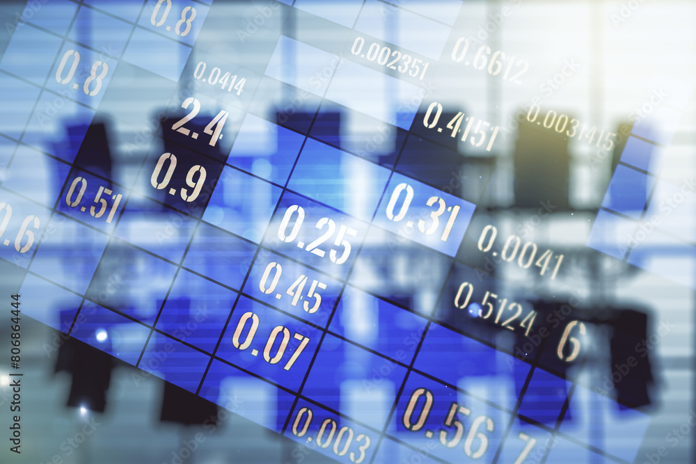 Poster multi exposure of stats data illustration on a modern conference room background, computing and anal