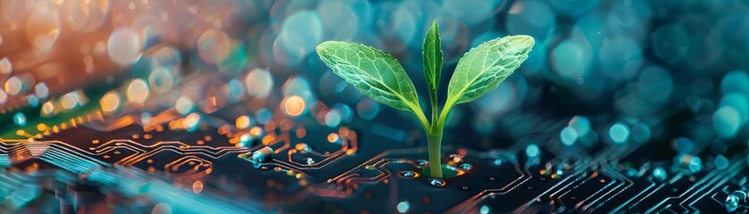 A fresh sprout rising from a complex computer chip, captured under soft lighting to focus on the theme of technological growth and green energy