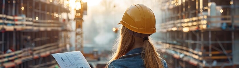 A female engineer surveying a large construction site, her stance confident as she examines the ongoing work, with a blueprint in her hand against the backdrop of an emerging building structure - Powered by Adobe
