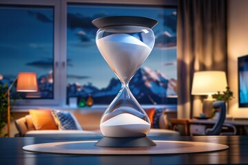 Elegant model of an hourglass on a dark oak desk, with fine white sand perfect for a sophisticated office setting