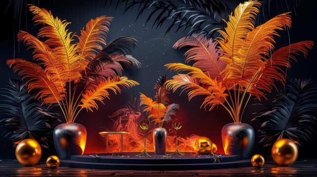 Elegant birthday party backdrop with a 1920s Great Gatsby theme, showcasing gold accents and feather boas