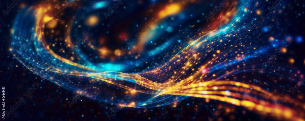 Poster the image features a wavy abstract background with colorful lines and golden lights - generative ai