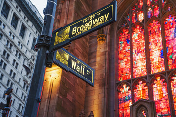 Wall Street sign in New York in the evening.
