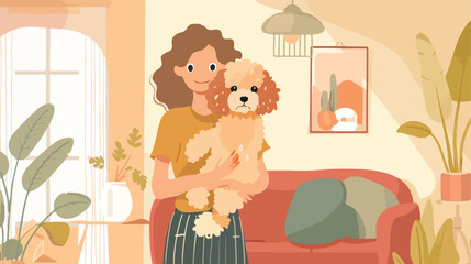 Young woman holding cute poodle at home style
