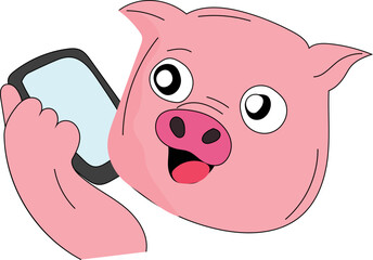 Cartoon pig with phone illustration on transparent background.
