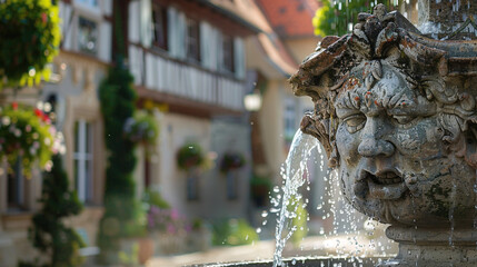 A picturesque village fountain with a serene face, bubbling with joy in the town square.