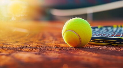 Yellow tennis ball and racket on a tennis court at sunset. Close-up