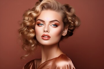 Fototapeta premium A gorgeous European model woman is posing in front of a monochromatic background with a full set of perfect make-up. Generative AI.