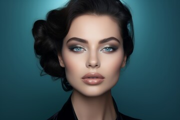 Fototapeta premium A gorgeous European model woman is posing in front of a monochromatic background with a full set of perfect make-up. Generative AI.