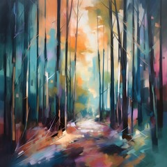 Digital painting of a forest with trees and a path in the foreground