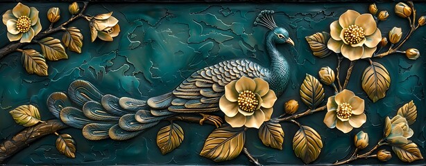 Peacock wall digital art drawing with flowers. 3d modern wall decoration