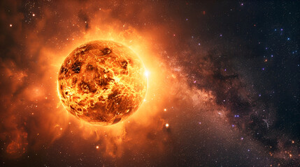 Bright Sun Against Dark Starry Sky in Solar System, Celestial Space Background Illustration, Generative Ai

