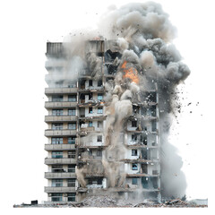 Isolated against a white background is a residential building undergoing controlled explosive demolition. 