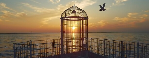 Bird flying out of cage, freedom concept, bird free from cage, bird in cage set free