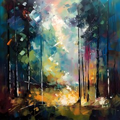 Abstract painting of a pine forest in autumn. Watercolor illustration.