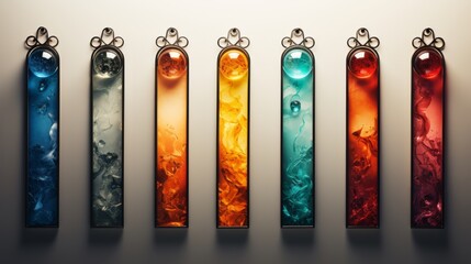 Colorful glass tubes hanging in a row from a wall