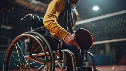 Young man in a wheelchair playing table tennis in the gym.